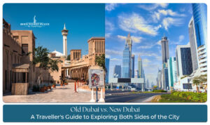 Old Dubai souk and modern skyline contrast