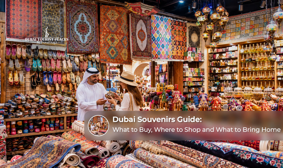 Traditional Dubai souvenirs, including Arabic coffee pots, camel figurines, dates, and decorative Arabian handicrafts.